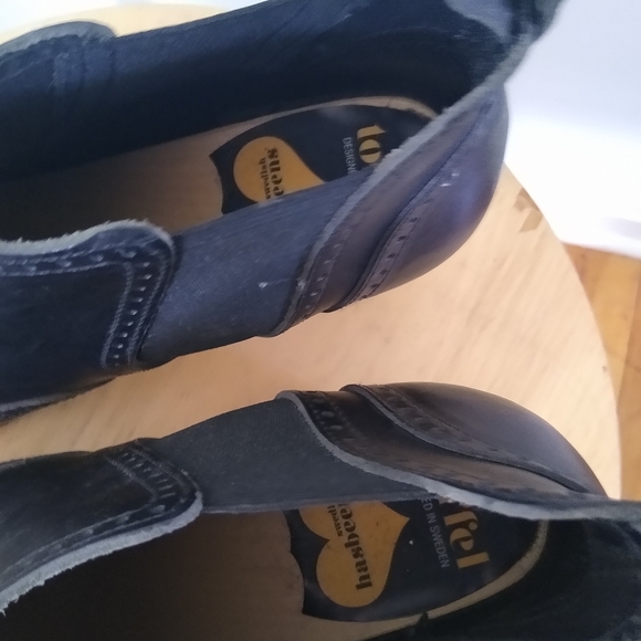 Swedish Hasbeens Black Leather Ankle Brogue Chelsea Boots Clogs - Picture 8 of 13